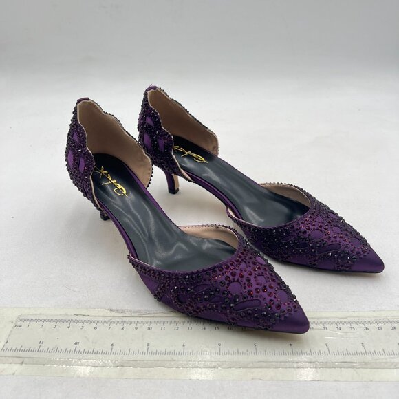 XYD Dark Purple Pointed Toe D\'Orsay Kitten Heel Rhinestone Studs Slip-On Shoes main image 1